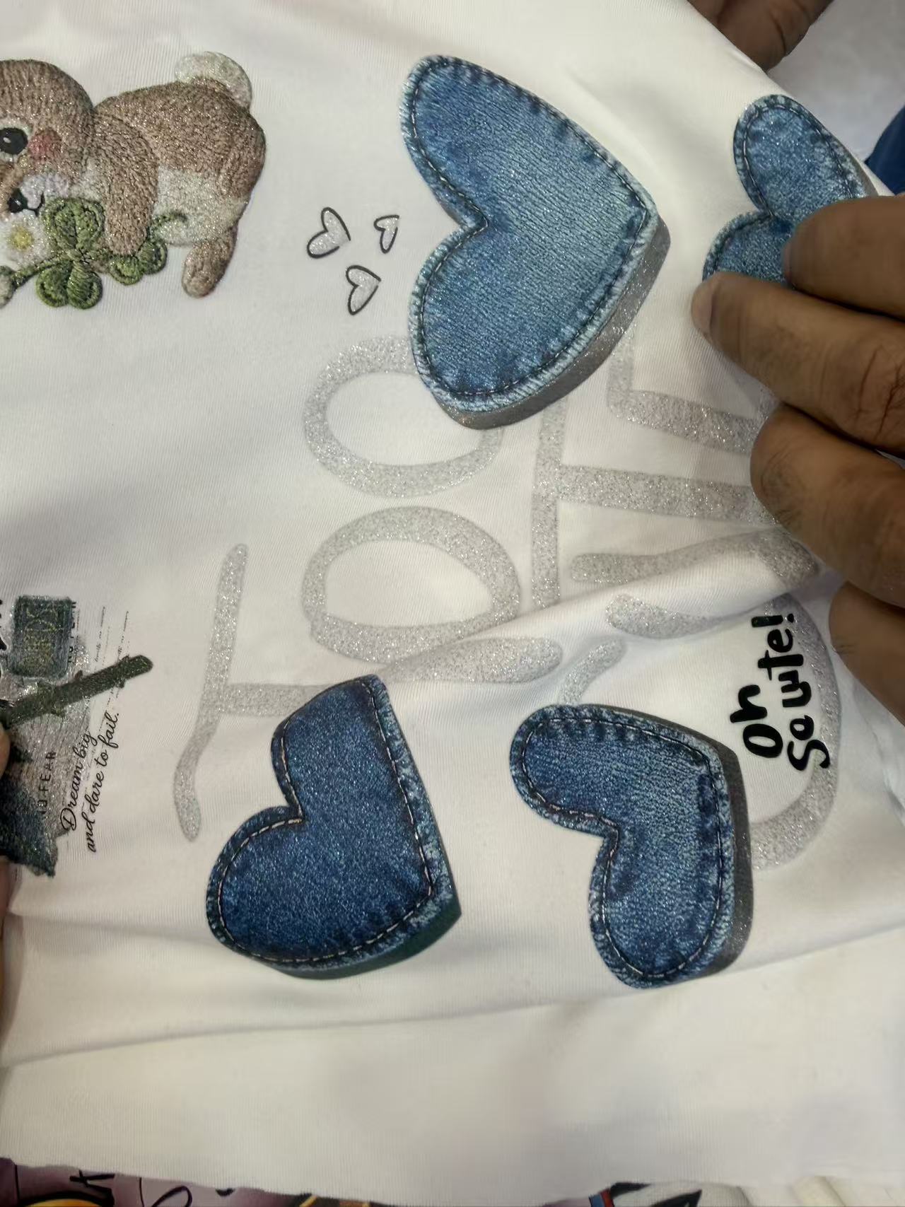 Bunny with denim hearts trims